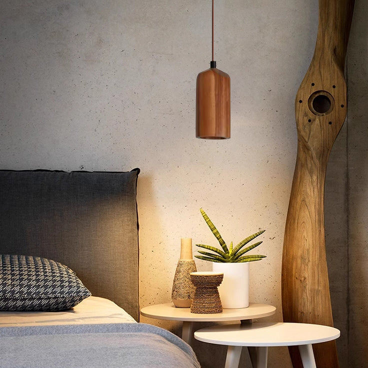 Lampada a Sospensione Piccola Cilindrica in Legno Semplice con 1 Luce