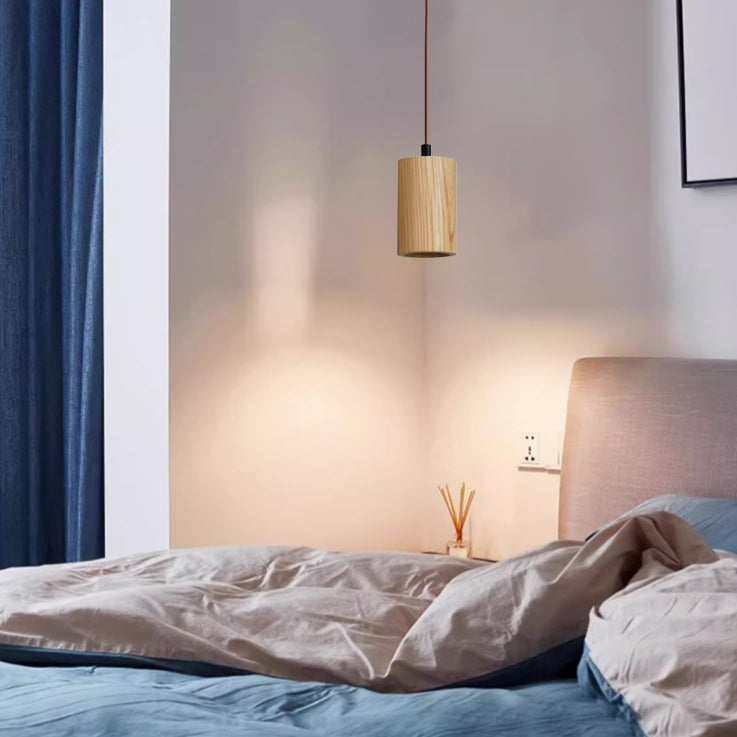 Lampada a Sospensione Piccola Cilindrica in Legno Semplice con 1 Luce
