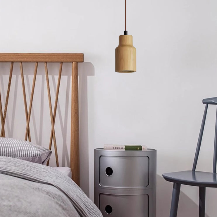 Lampada a Sospensione Piccola Cilindrica in Legno Semplice con 1 Luce