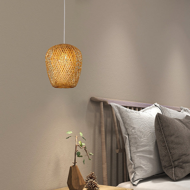 Lampada a sospensione rotonda in ferro e bambù vintage tradizionale con 1 luce per soggiorno