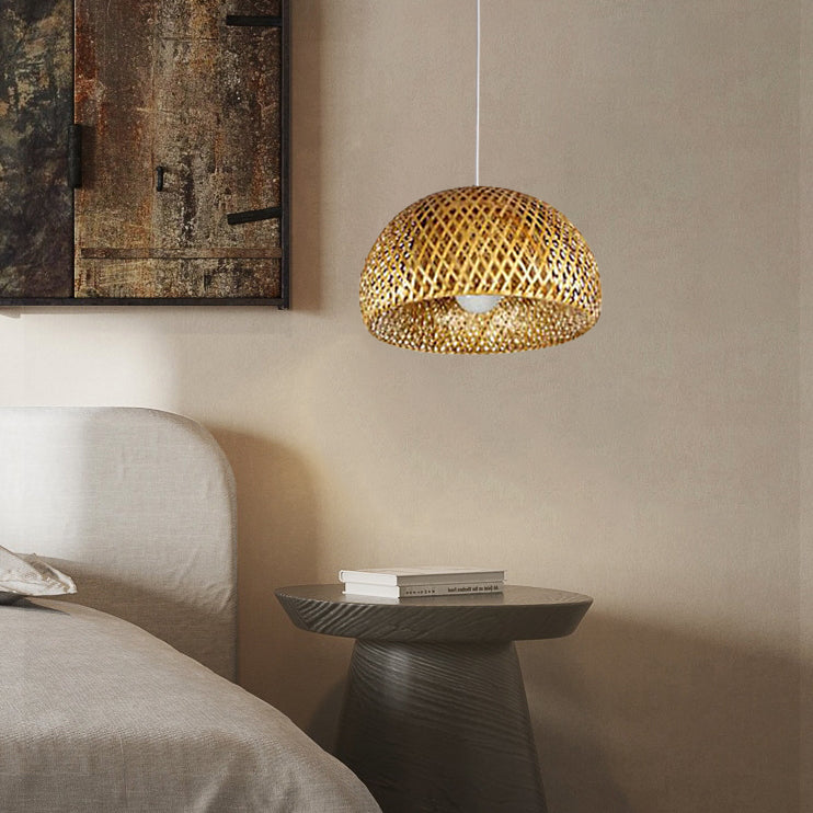 Lampada a sospensione rotonda in ferro e bambù vintage tradizionale con 1 luce per soggiorno