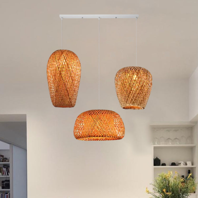 Lampada a sospensione rotonda in ferro e bambù vintage tradizionale con 1 luce per soggiorno