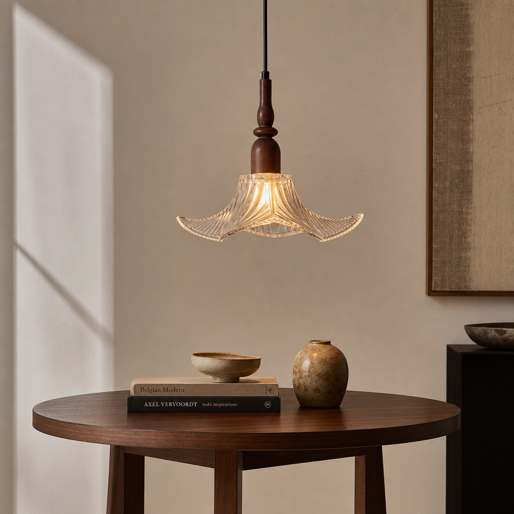 Adikia Lampadario Artistico in Vetro e Legno Moderno