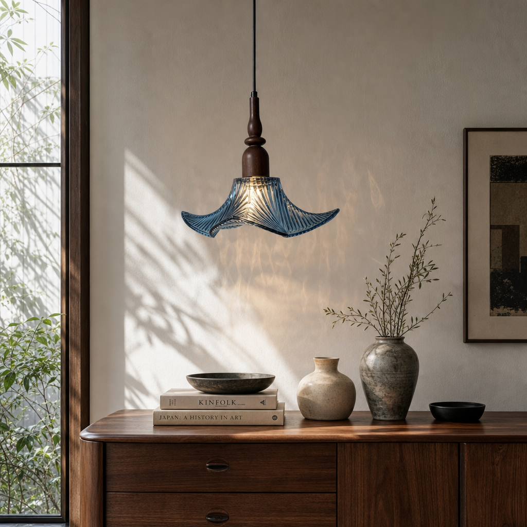 Adikia Lampadario Artistico in Vetro e Legno Moderno