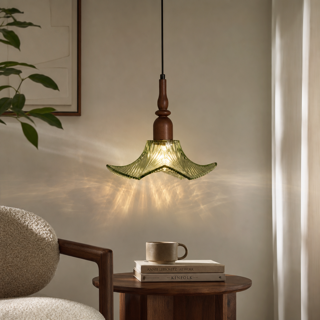 Adikia Lampadario Artistico in Vetro e Legno Moderno