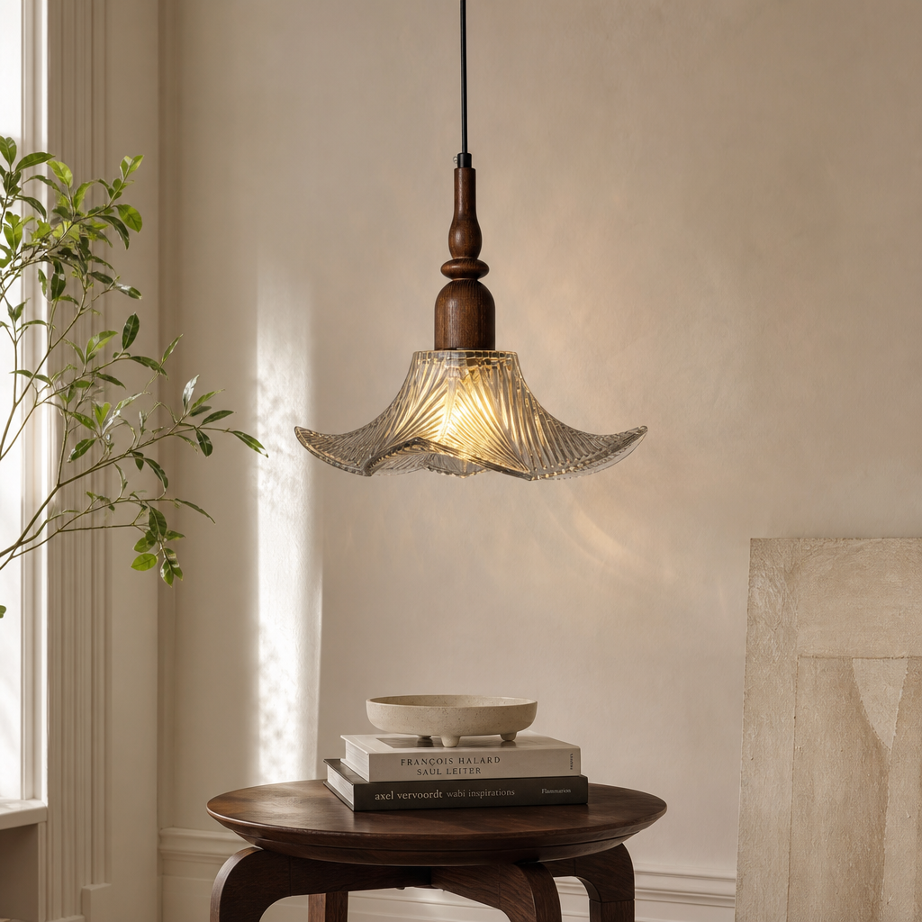 Adikia Lampadario Artistico in Vetro e Legno Moderno