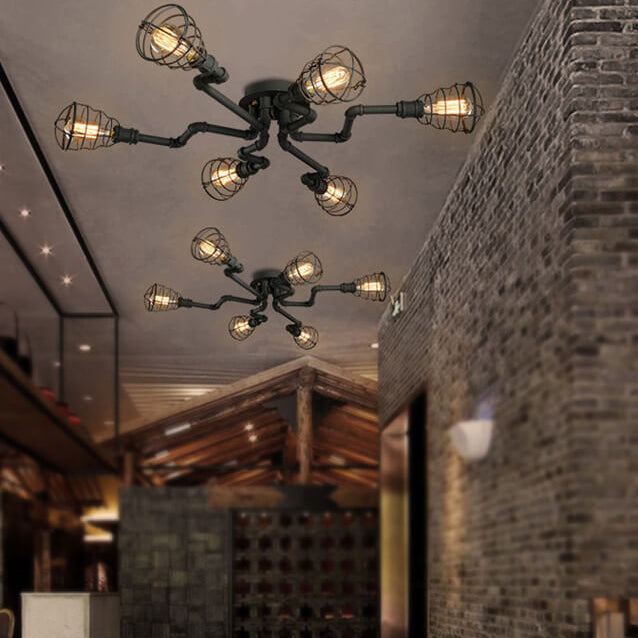 Lampada da soffitto rotonda in ferro industriale vintage con tubo d'acqua, 4/6/8 luci