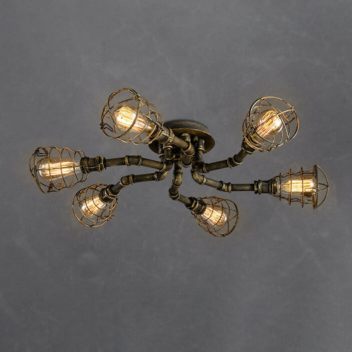 Lampada da soffitto rotonda in ferro industriale vintage con tubo d'acqua, 4/6/8 luci