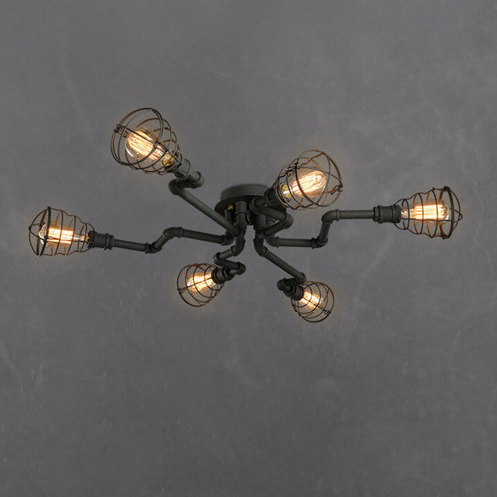 Lampada da soffitto rotonda in ferro industriale vintage con tubo d'acqua, 4/6/8 luci