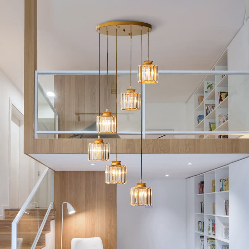 Lampadari Moderni Prismatici in Cristallo Cilindrico a 6 Luci per Scale