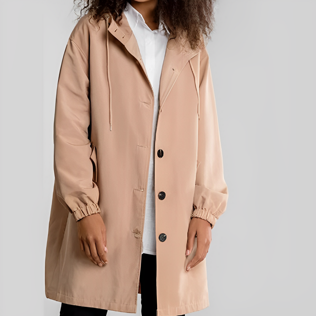 Giacca Impermeabile Lunga da Donna – Giacca Leggera con Cappuccio e Cordino in Vita