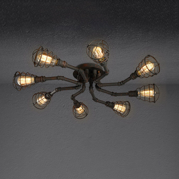 Lampada da soffitto rotonda in ferro industriale vintage con tubo d'acqua, 4/6/8 luci