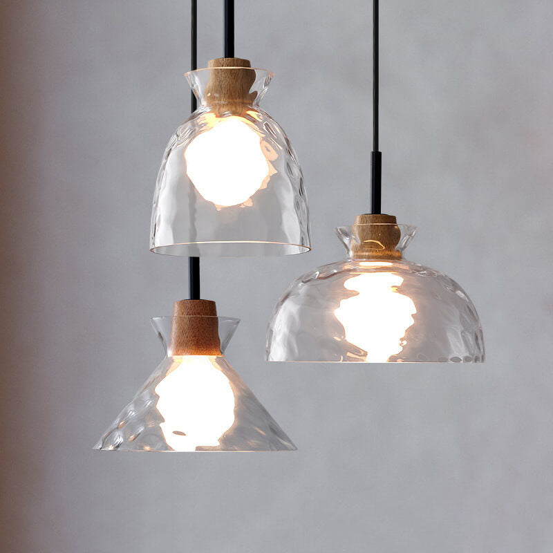 Lampada a Sospensione Moderna Minimalista in Vetro Trasparente Ondulato con Ombra in Ferro a 1 Luce per Soggiorno