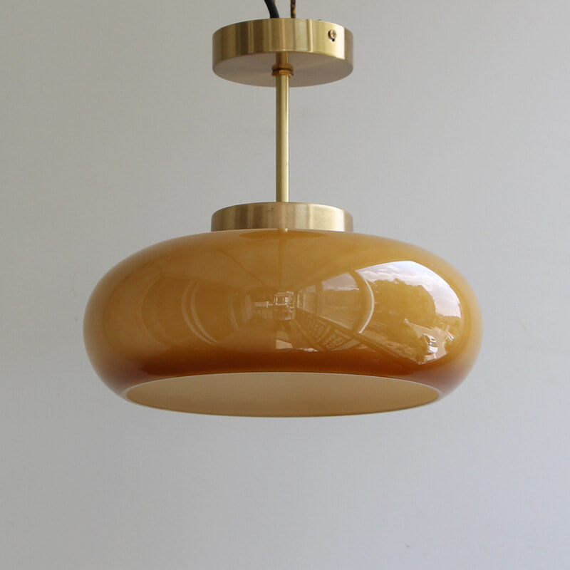 Lampada da soffitto semi-incassata in ottone vintage con vetro giallo a 1 luce