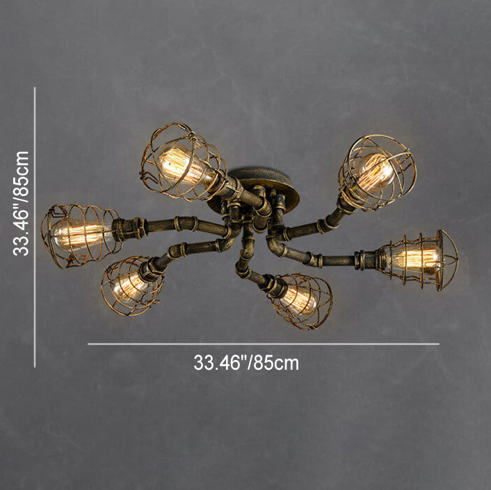 Lampada da soffitto rotonda in ferro industriale vintage con tubo d'acqua, 4/6/8 luci