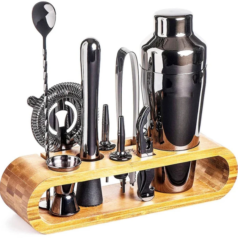 MixMaster – Set di Attrezzi da Bar in Acciaio Inossidabile da 10 Pezzi con Supporto in Legno