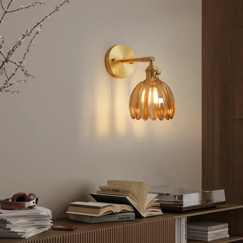 Applique da Parete in Vetro a Tulipano in Ottone Vintage 1 Luce