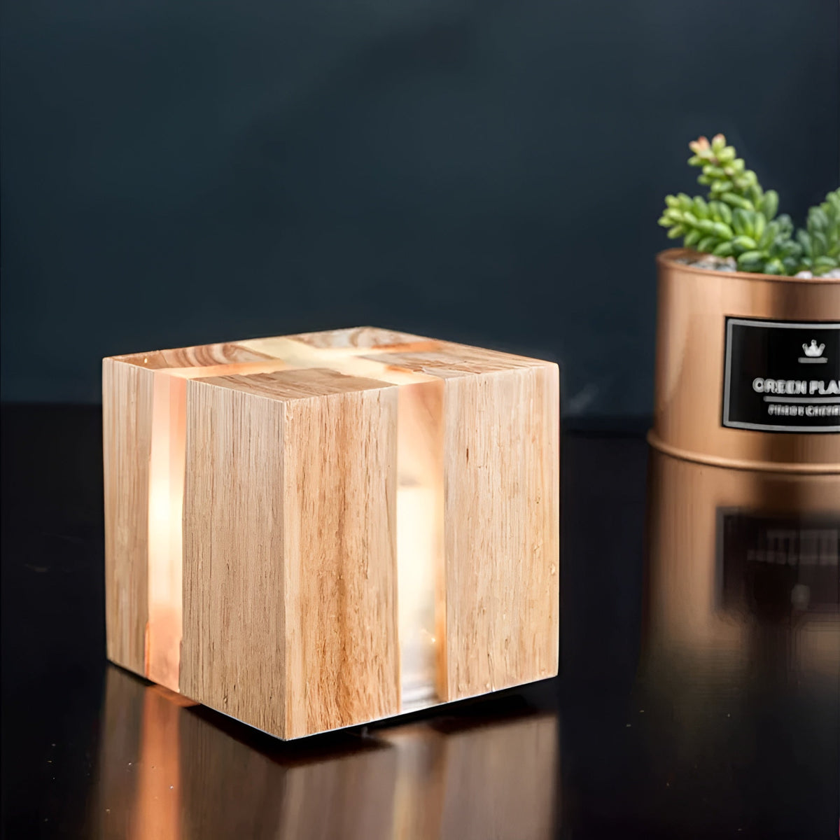 Lampada da tavolo LED a forma di cubo – Design moderno in legno | Elegante per soggiorno e camera da letto