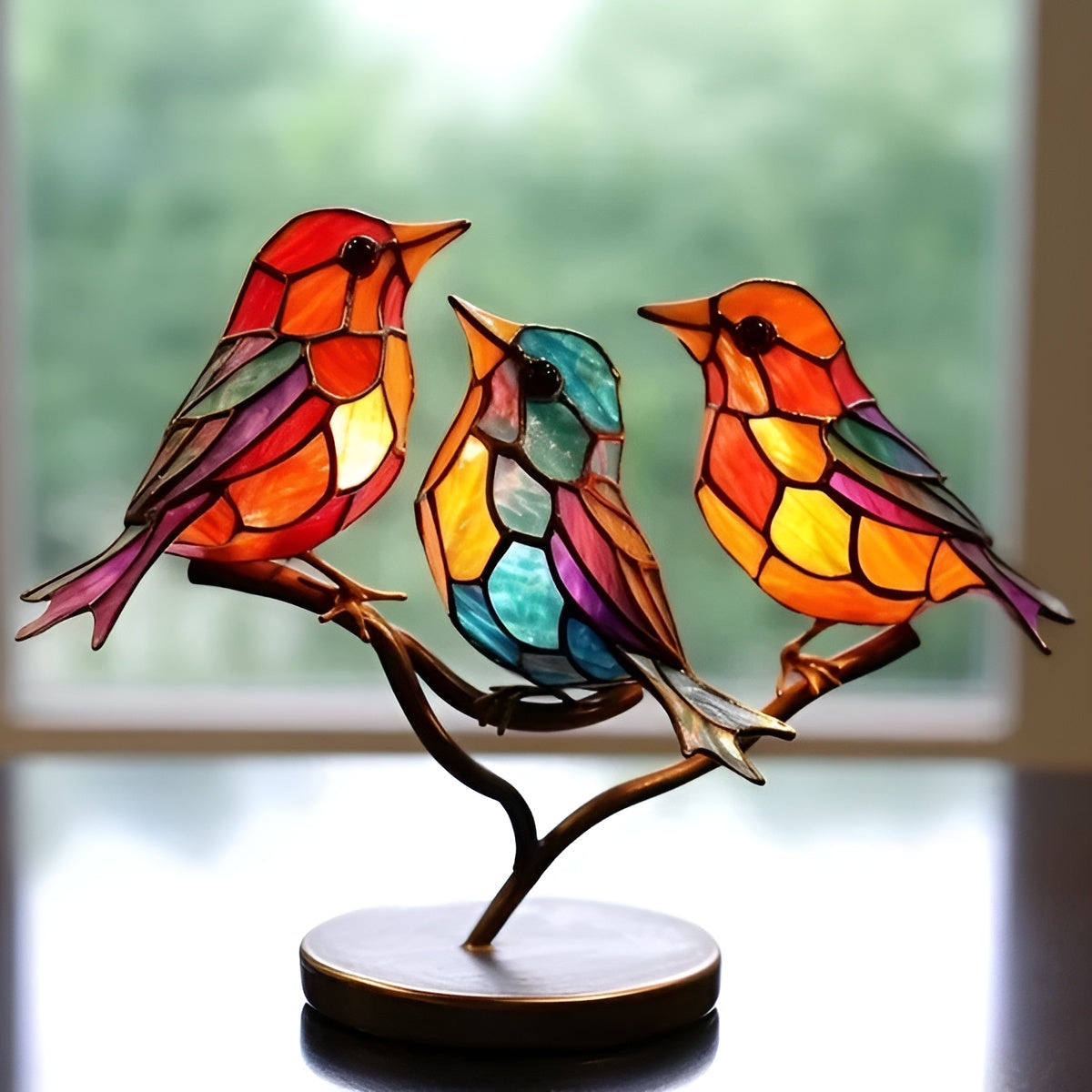 Decorazione di Uccelli in Vetro Colorato su Supporto in Metallo