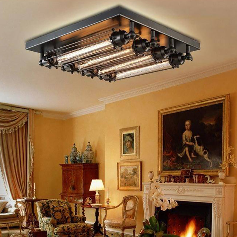 Lampada da soffitto vintage in metallo con tubi, nera, soggiorno