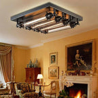 Lampada da soffitto vintage in metallo con tubi, nera, soggiorno