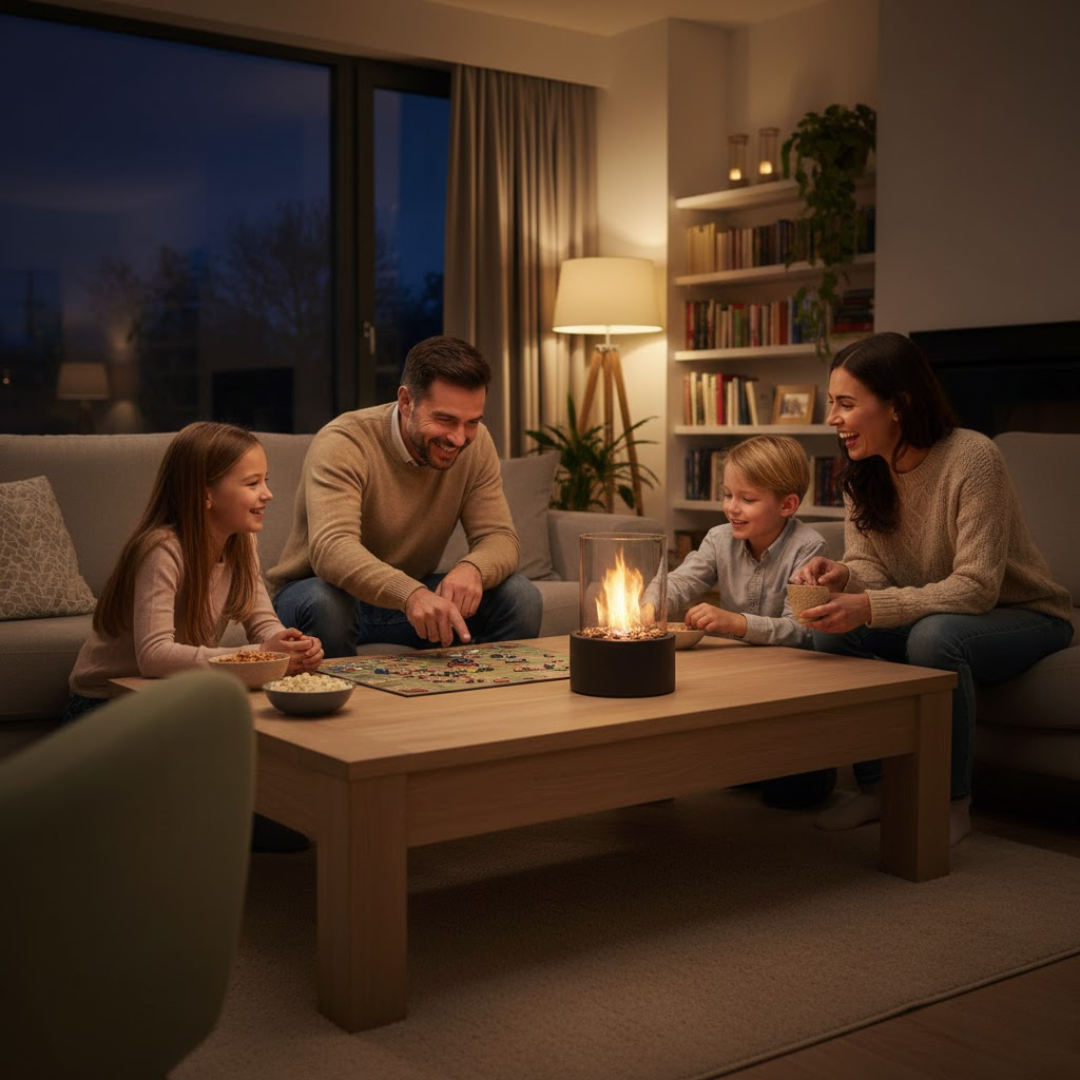 Camino da Tavolo a Bioetanolo con Cilindro di Vetro e Base in Metallo