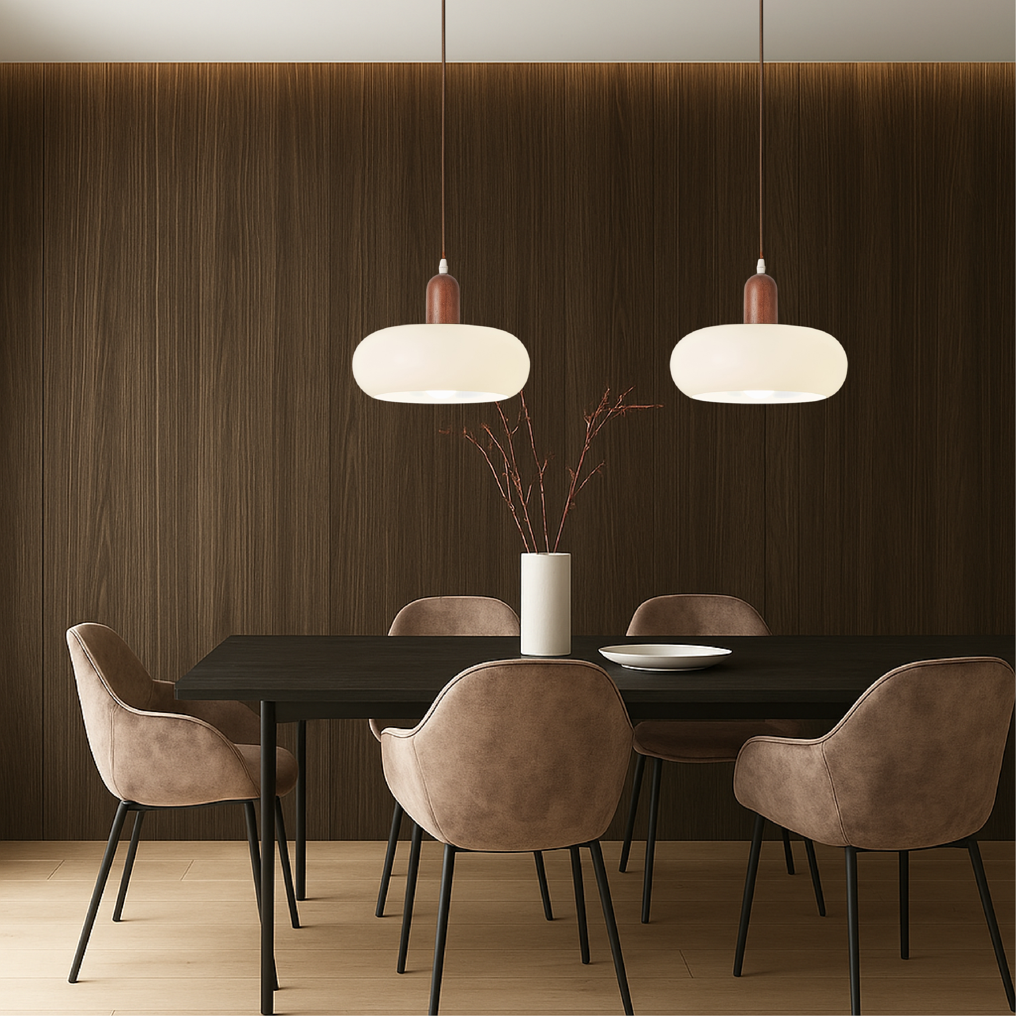 Lampada a sospensione cremosa in stile scandinavo con accento in legno