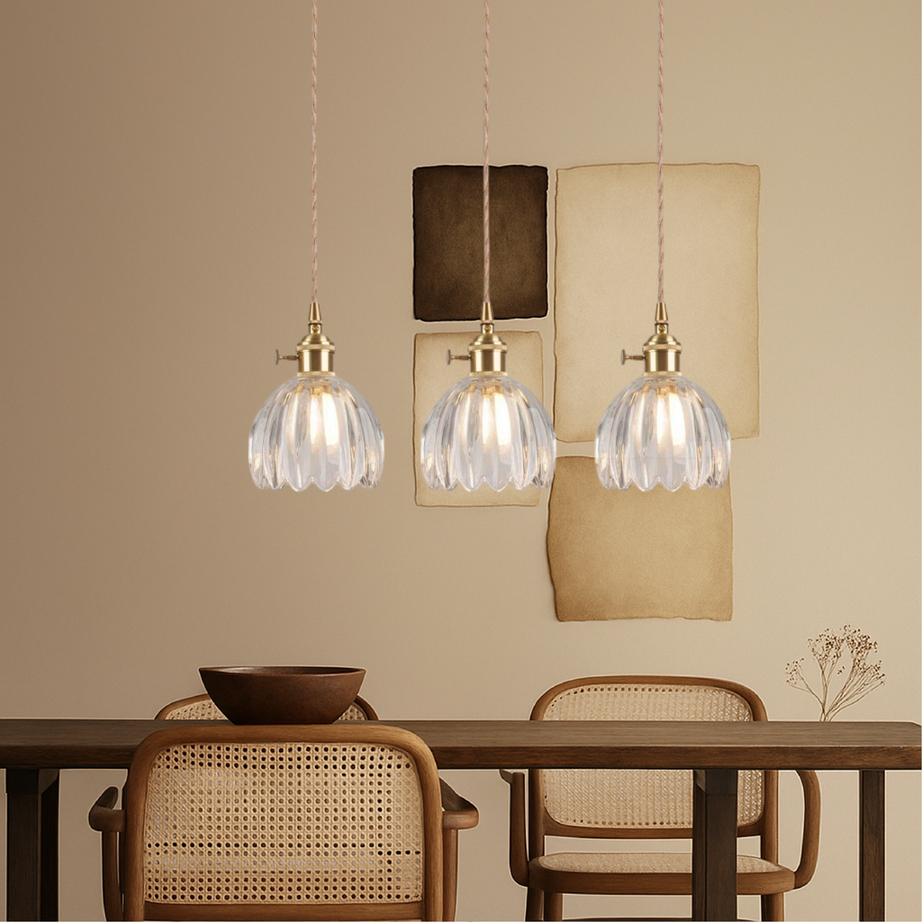 Lampada a sospensione in vetro rigato giapponese