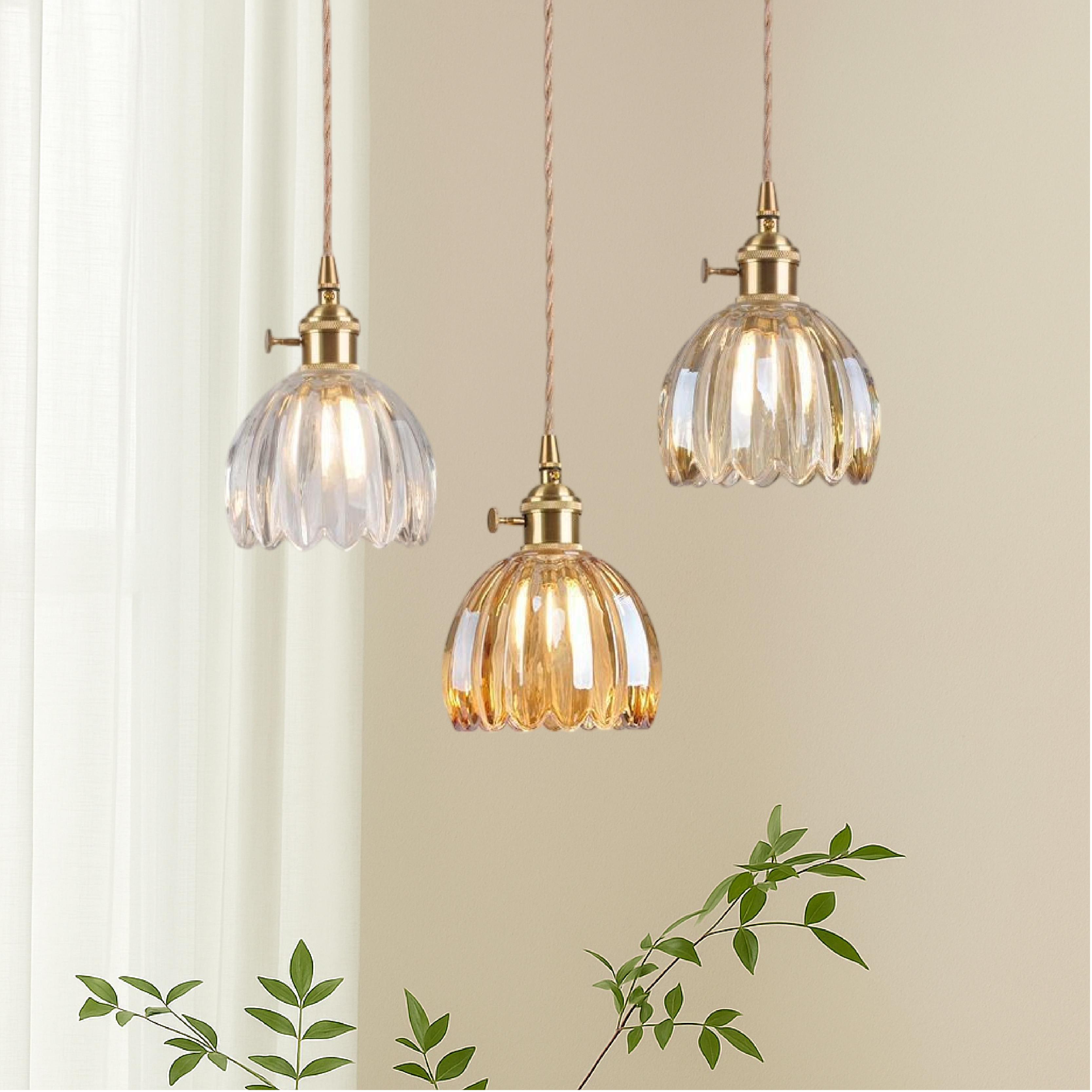 Lampada a sospensione in vetro rigato giapponese