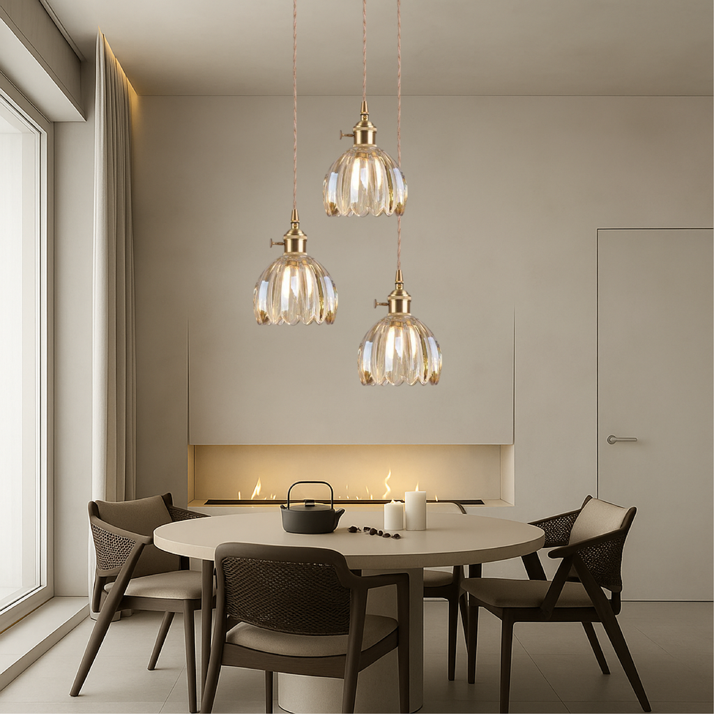 Lampada a sospensione in vetro rigato giapponese