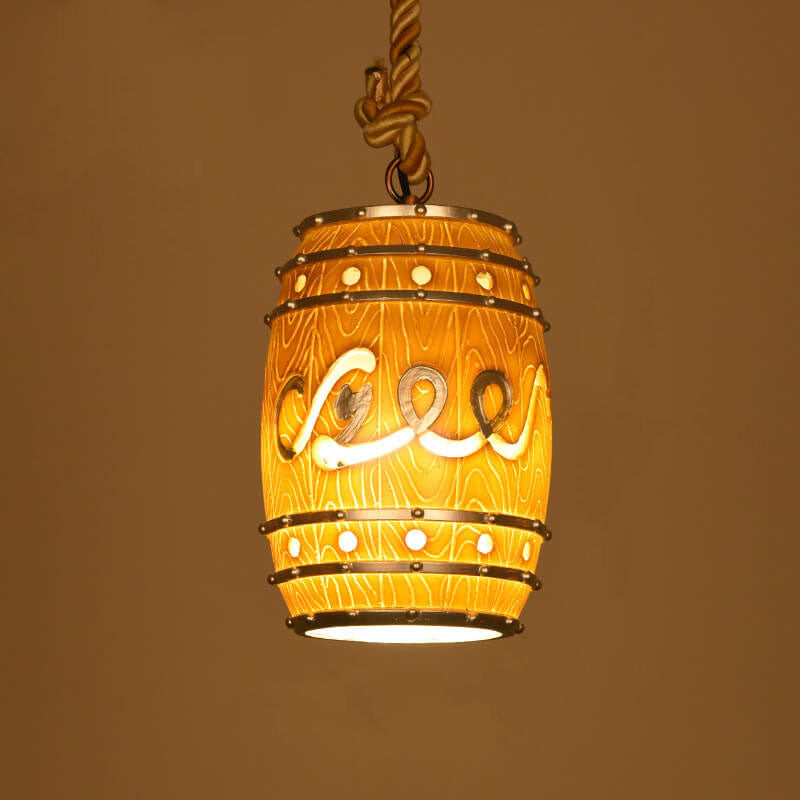 Lampadario in Resina Tradizionale Vintage con Fune di Canapa per Barile di Vino, 1 Luce per Soggiorno