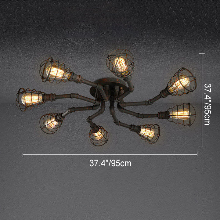 Lampada da soffitto rotonda in ferro industriale vintage con tubo d'acqua, 4/6/8 luci