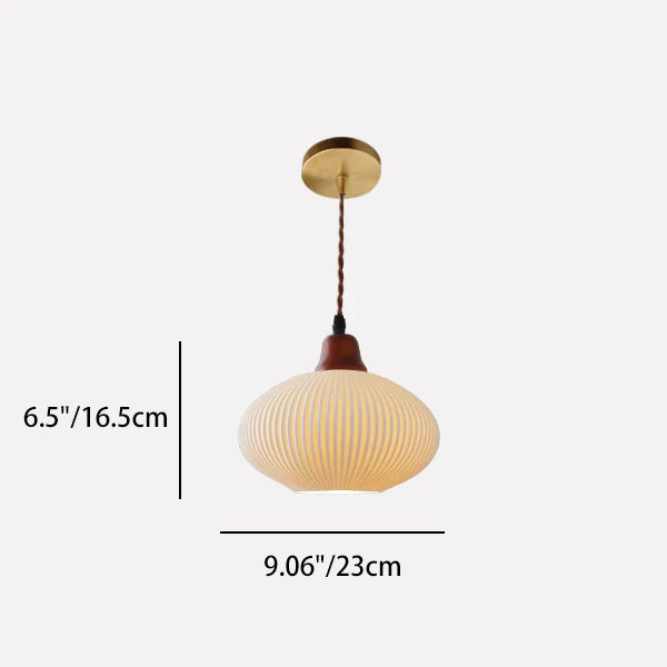 Lampada a sospensione tradizionale giapponese in ceramica con cupola rotonda piegata, legno massello e ferro, 1 luce per soggiorno e camera da letto