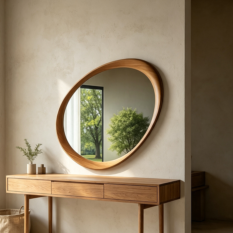 Specchio da Parete Ovale in Legno di Gomma Massello con Vetro Temperato per Camera da Letto