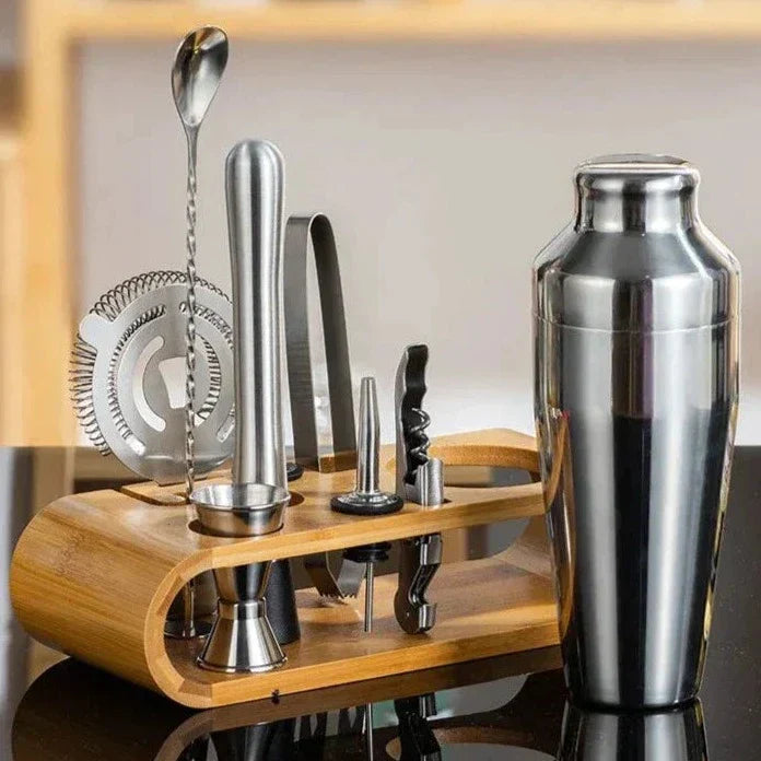 Set di Shaker per Cocktail in Acciaio Inossidabile con Supporto in Bambù