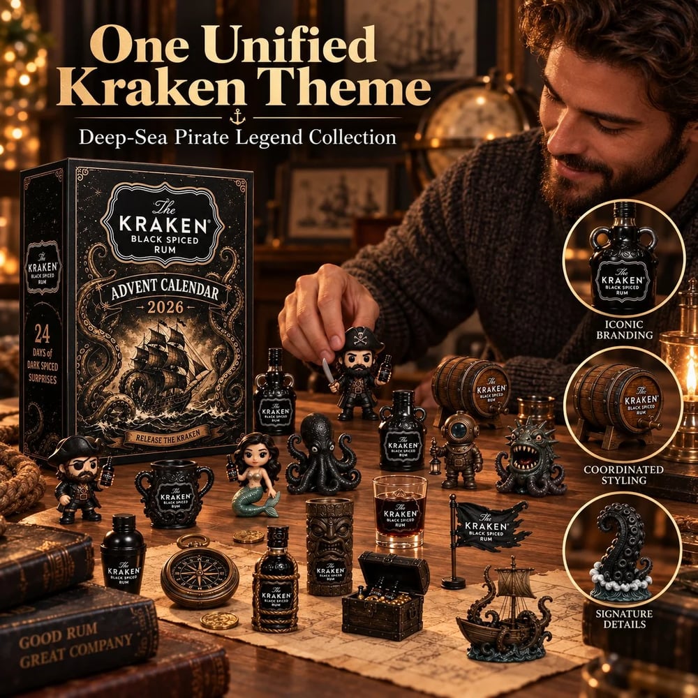 Set di Calendario Avvento Mini Bottiglie di Rum Kraken da 24 Giorni per Esposizione al Bar durante le Feste, Regalo Collezionabile per Amanti del Rum, Countdown di Natale e Decorazione Festiva