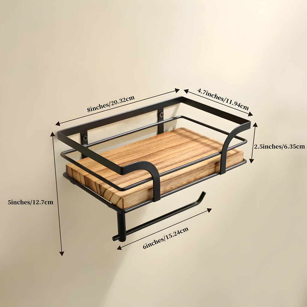 Mensola in legno con porta-rotolo – Organizzatore pratico per il bagno