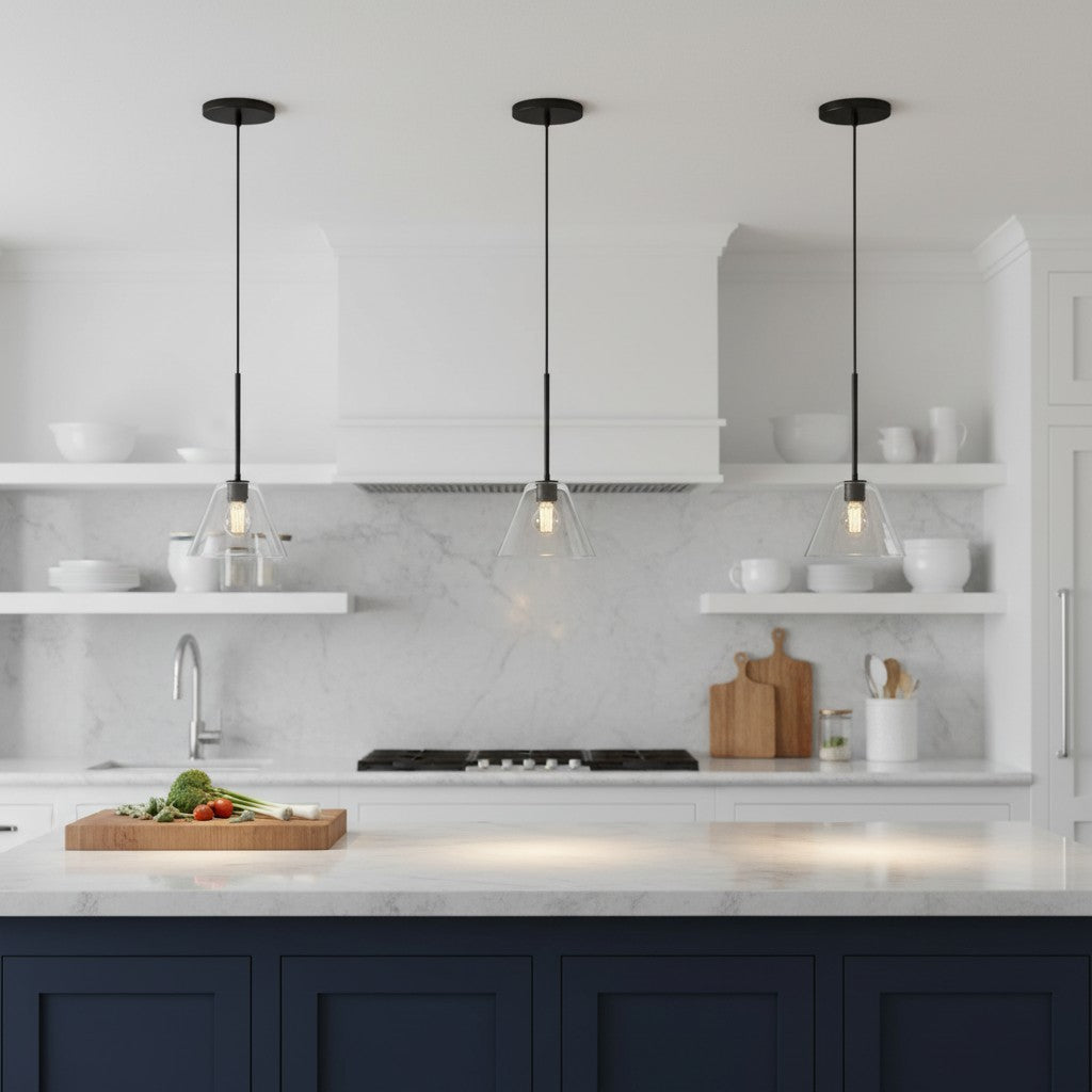 Lampada a sospensione a cono in vetro trasparente per cucina