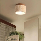 Radia - Lampada da Soffitto a Forma Cilindrica in Travertino con Accento in Legno
