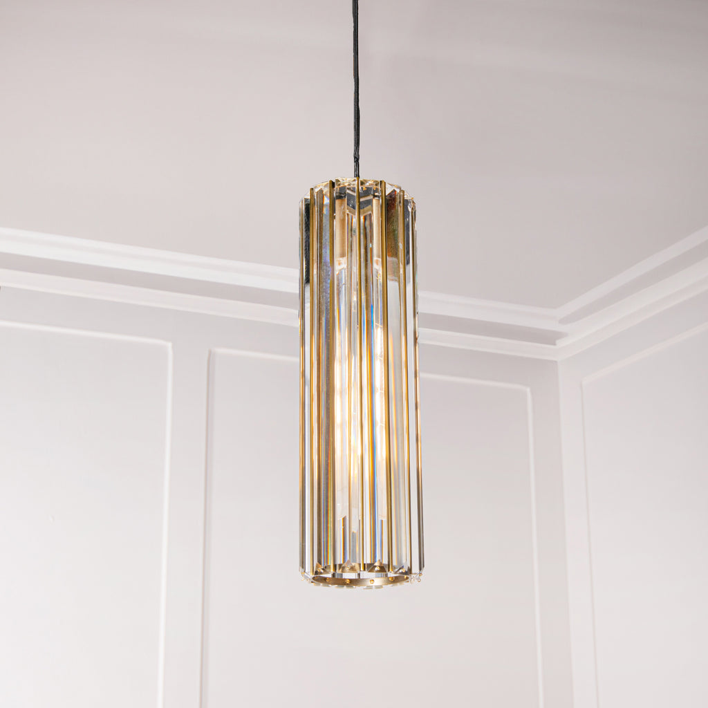 Lampada a Sospensione Reagan in Ottone Antico e Cristallo