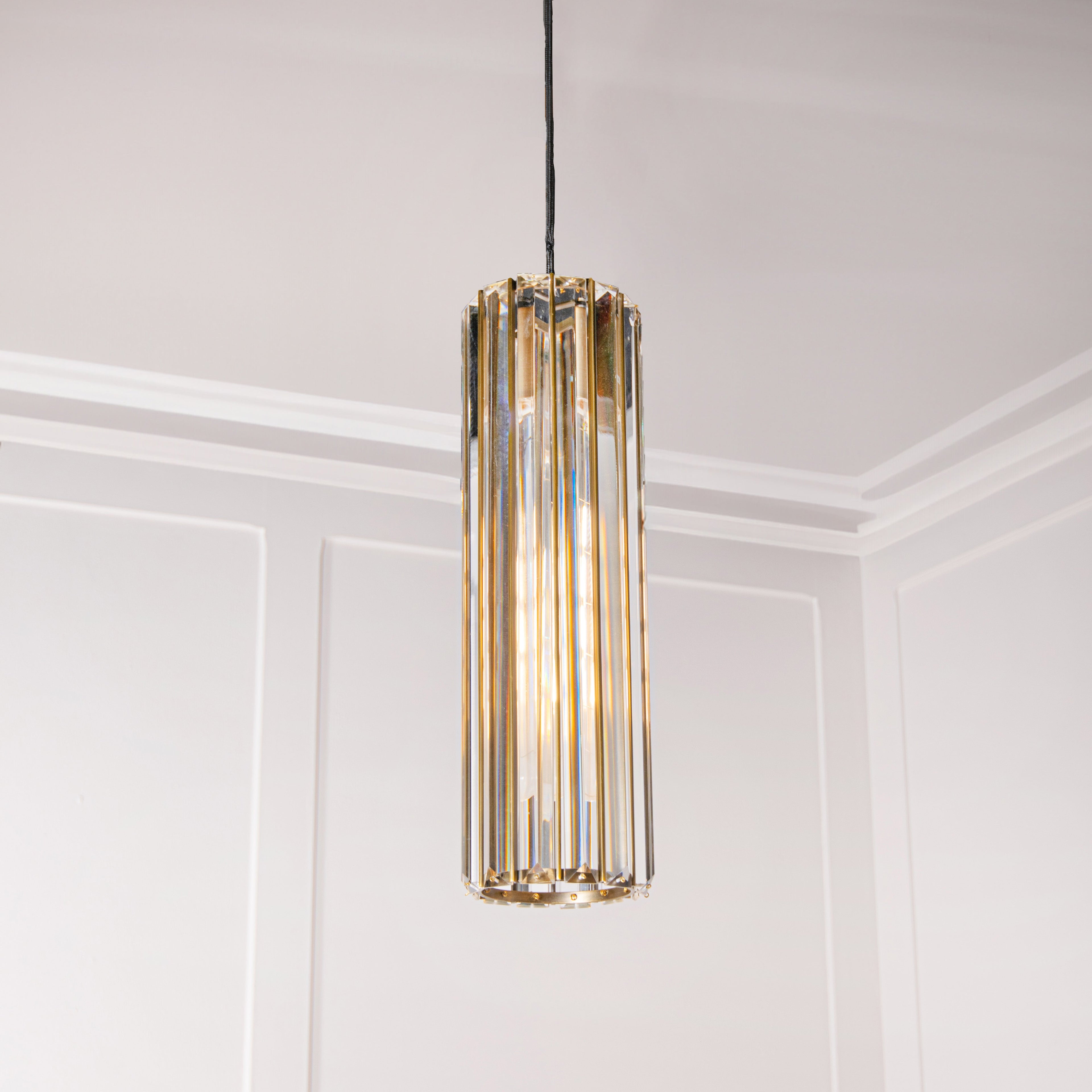 Lampada a Sospensione Reagan in Ottone Antico e Cristallo