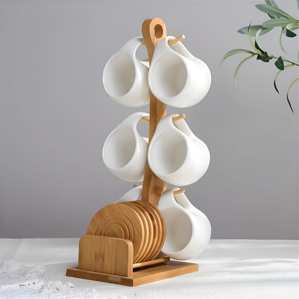 Set di tazze da caffè in ceramica con piattino e supporto – Elegante e Decorativo | Perfetto per caffè e casa