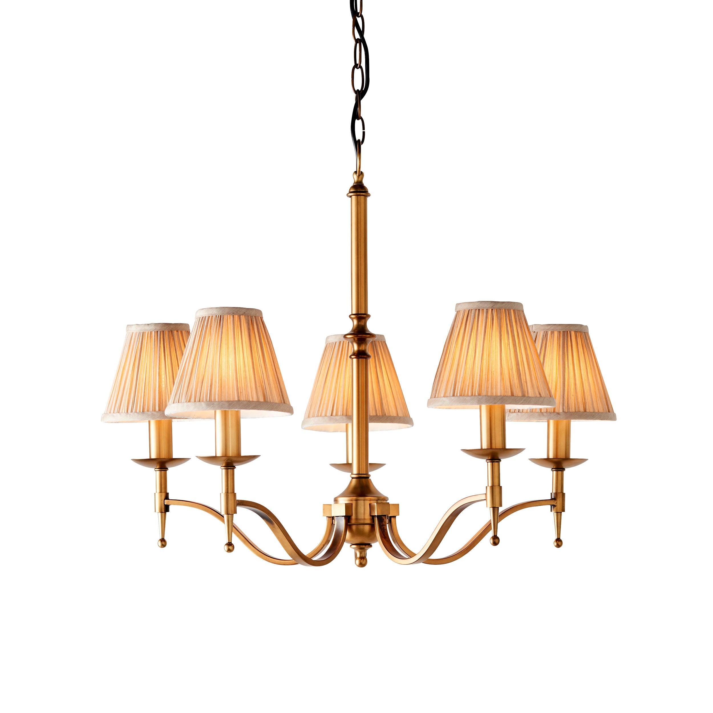 Lampadario Stanford 5 Luci in Ottone Antico - Paralumi Beige