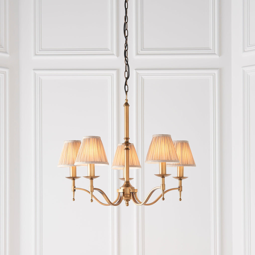 Lampadario Stanford 5 Luci in Ottone Antico - Paralumi Beige