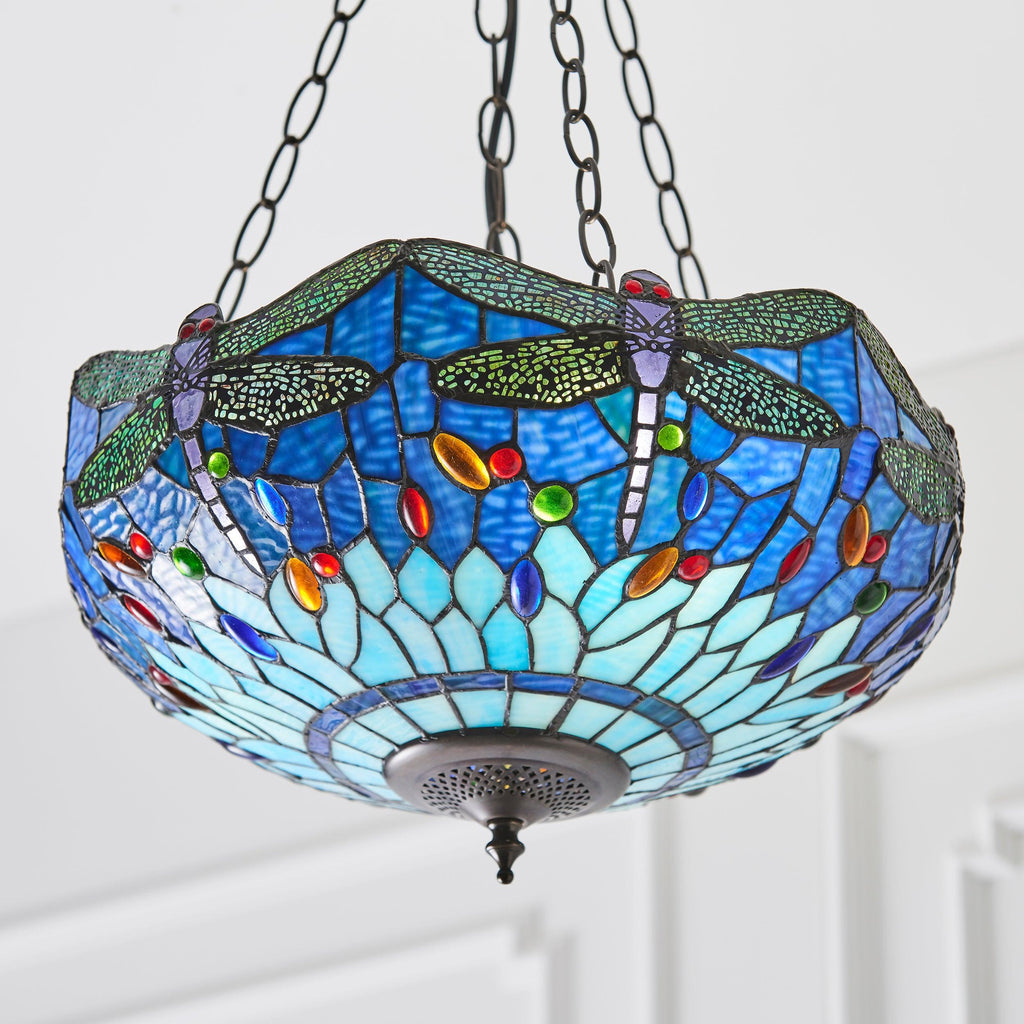 Luce da soffitto Tiffany Invertita Grande Libellula Blu
