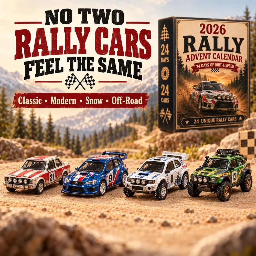 🏎️ Calendario dell'Avvento Rallye di Natale 2026 – 24 giorni pieni di velocità e suspense, 24 auto da rally da collezionare (modelli 2D)