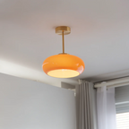 Lampada da soffitto in vetro con paralume arrotondato e stelo in metallo