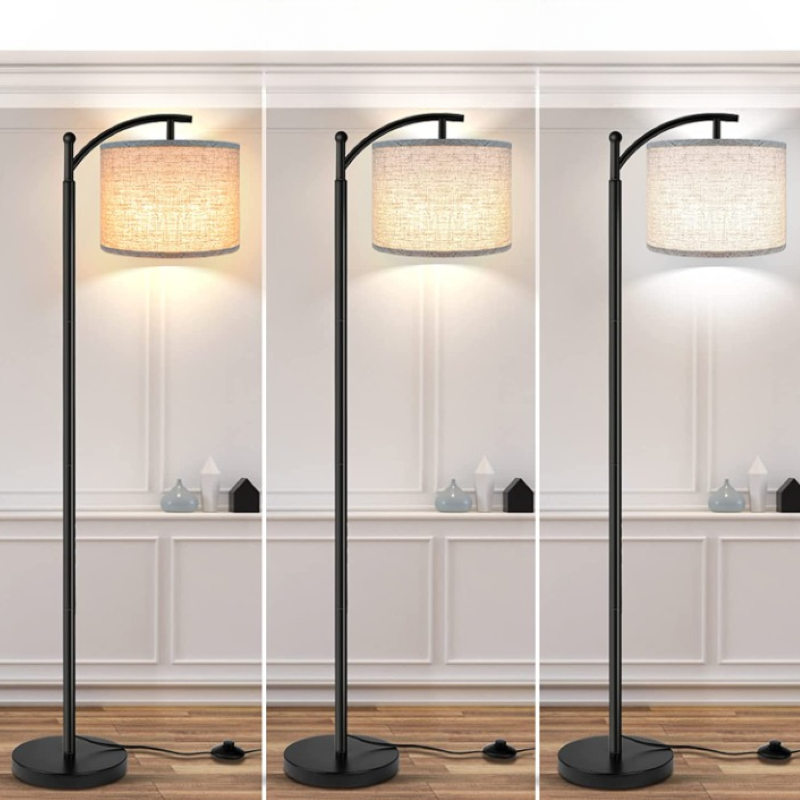 Lampada da Terra Industriale a LED con 3 Colori di Luce – Alta Lampada da Lettura con Paralume Bianco