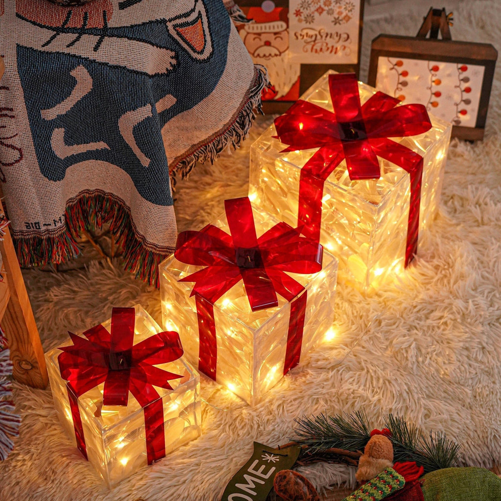 Illuminazione Natalizia LED – Set di 3 Scatole Regalo Illuminate per Interni ed Esterni