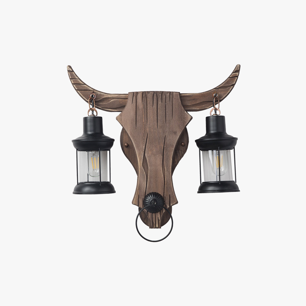 Lampada da Parete Austin Forma di Toro Vintage, 2 Teste Legno/Metallo, Camera da Letto